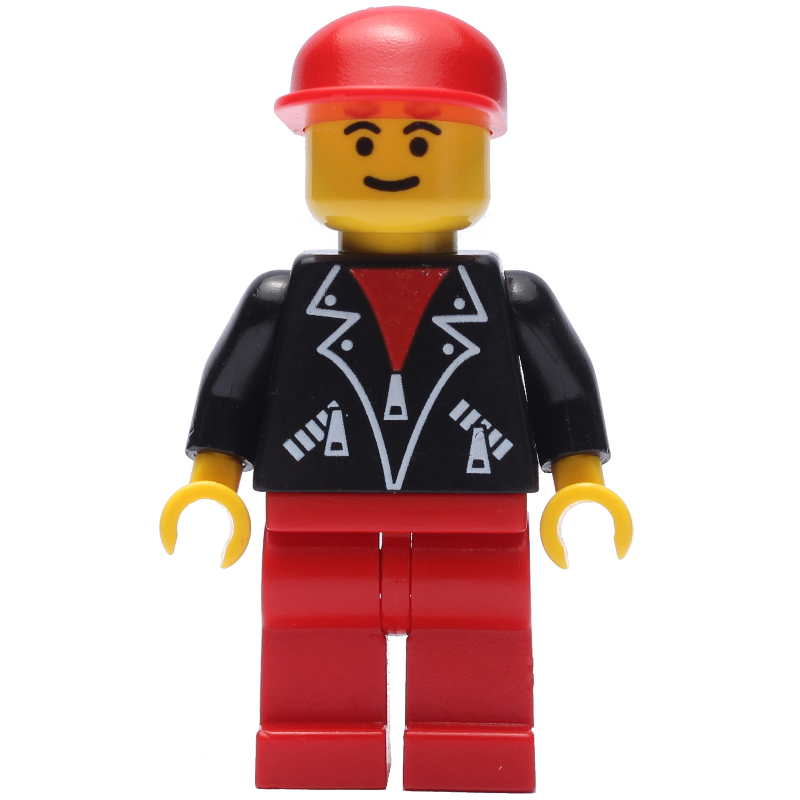 Homme, veste noire ouverte sur chemise rouge, jambes rouges, casquette rouge (Man, Open Black Jacket over Red Shirt, Red Legs, Red Cap)