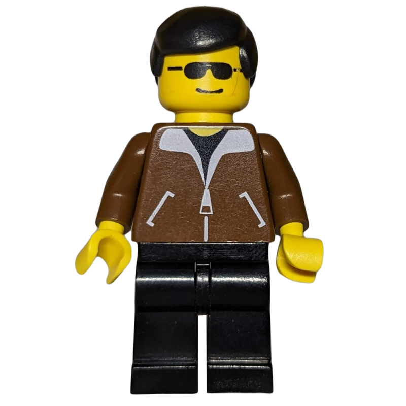 Homme, veste brune, jambes bleues, cheveux noirs, lunettes de soleil (Man, Brown Jacket, Blue Legs, Black Hair, Sunglasses)
