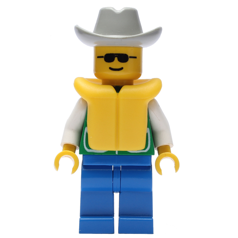 Homme, veste verte, jambes bleues, chapeau de cowboy gris clair, gilet de sauvetage jaune, lunettes de soleil (Man, Green Jacket, Blue Legs, Light Gray Cowboy Hat, Yellow Life Vest, Sunglasses)