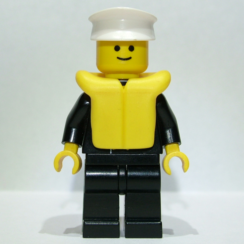Amiral bateau, costume noir avec ancre d'or, gilet de sauvetage jaune (Boat Admiral, Black Suit with Gold Anchor, Yellow Life Vest)