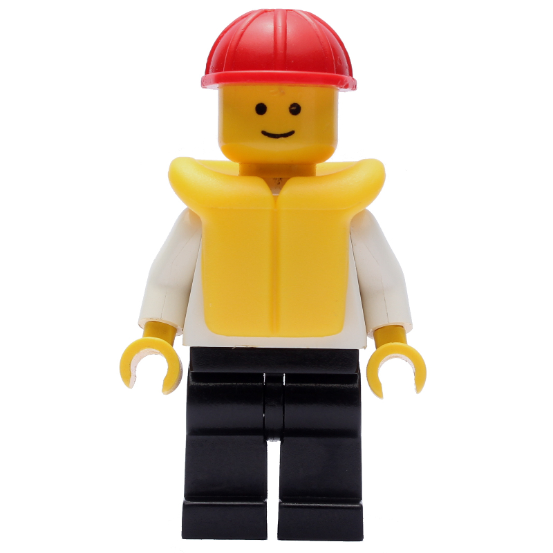 Marin, haut blanc avec ancre, casque de chantier rouge, gilet de sauvetage jaune (Sailor, White Top with Anchor, Red Hard Hat, Yellow Life Vest)