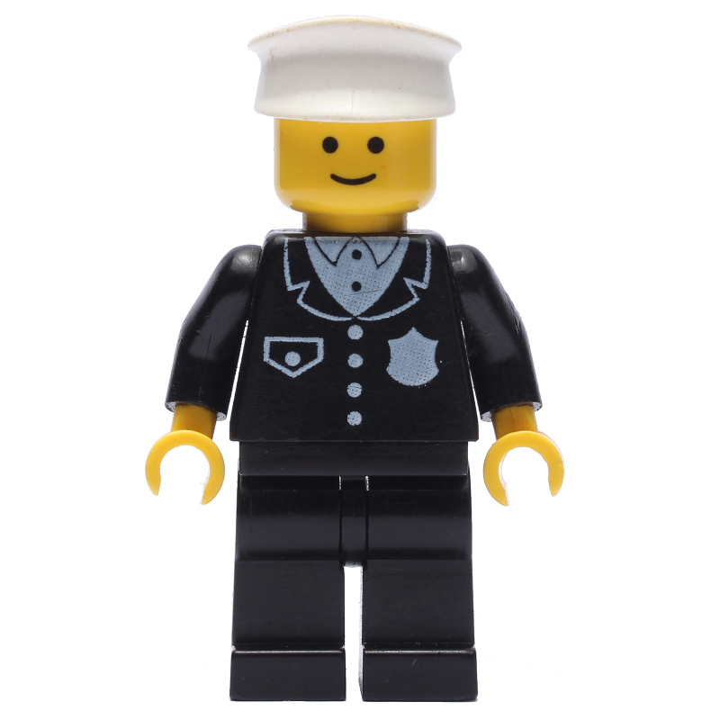 Policier, costume noir avec poche et badge, chapeau blanc (3626b tête) (Policeman, Black Suit with Pocket and Badge, White Hat (3626b Head))