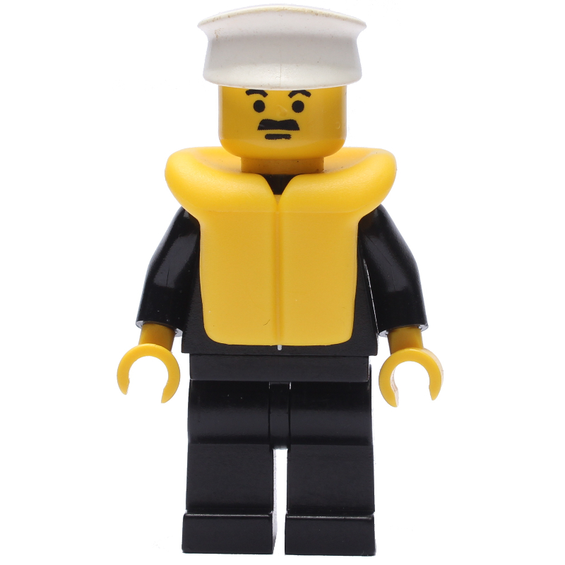 Policier, costume noir avec cravate et badge, chapeau blanc, gilet de sauvetage jaune, moustache (Policeman, Black Suit with Tie and Badge, White Hat, Yellow Life Vest, Moustache)