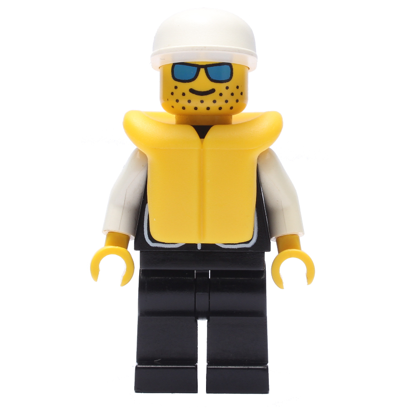 Policier, gilet noir avec badge et poches, casquette blanche, lunettes de soleil bleues (Policeman, Black Vest with Badge and Pockets, White Cap, Blue Sunglasses)