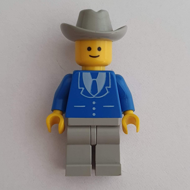 Homme, veste bleue avec cravate et trois boutons, jambes gris clair, chapeau de cowboy gris clair (3626b tête) (Man, Blue Jacket with Tie and Three Buttons, Light Gray Legs, Light Gray Cowboy Hat (3626b Head))