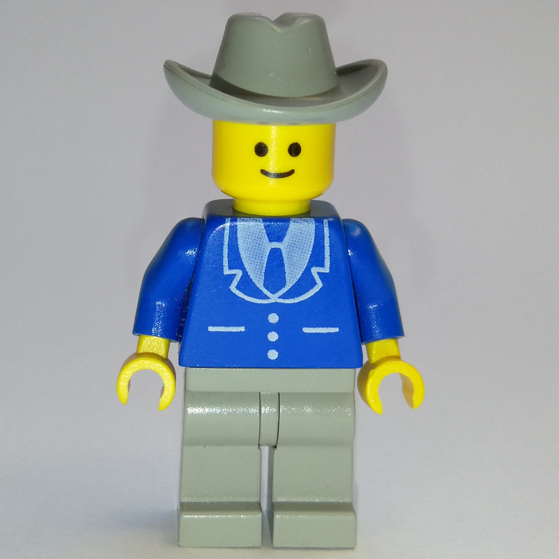 Homme, veste bleue avec cravate et trois boutons, jambes gris clair, chapeau de cowboy gris clair (3626a tête) (Man, Blue Jacket with Tie and Three Buttons, Light Gray Legs, Light Gray Cowboy Hat (3626a Head))