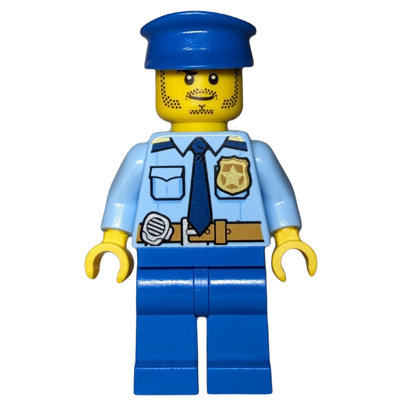 Policier, chemise bleu clair vif avec cravate bleu foncé, badge et radio sur ceinture, jambes bleues, chapeau bleu (Policeman, Bright Light Blue Shirt with Dark Blue Tie, Badge, and Radio on Belt, Blue Legs, Blue Hat)
