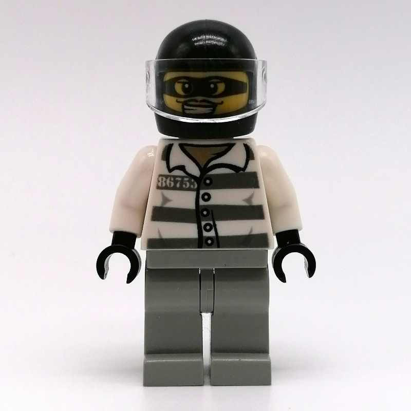 Bandit, chemise de prison avec #86753, jambes gris bleuté clair, casque noir avec visière, masque pour les yeux (Criminal, Prison Shirt with #86753, Light Bluish Gray Legs, Black Helmet with Visor, Eyemask)