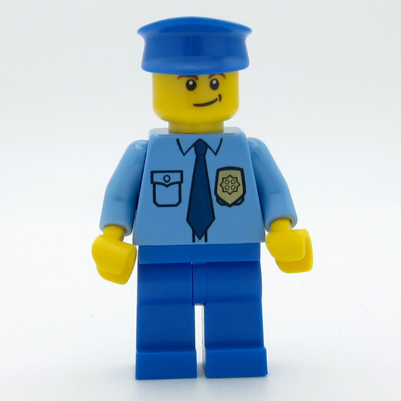 Policier, chemise bleu moyen avec badge et cravate, jambes bleues, chapeau bleu, sourcils bruns (Policeman, Medium Blue Shirt with Badge and Tie, Blue Legs, Blue Hat, Brown Eyebrows)