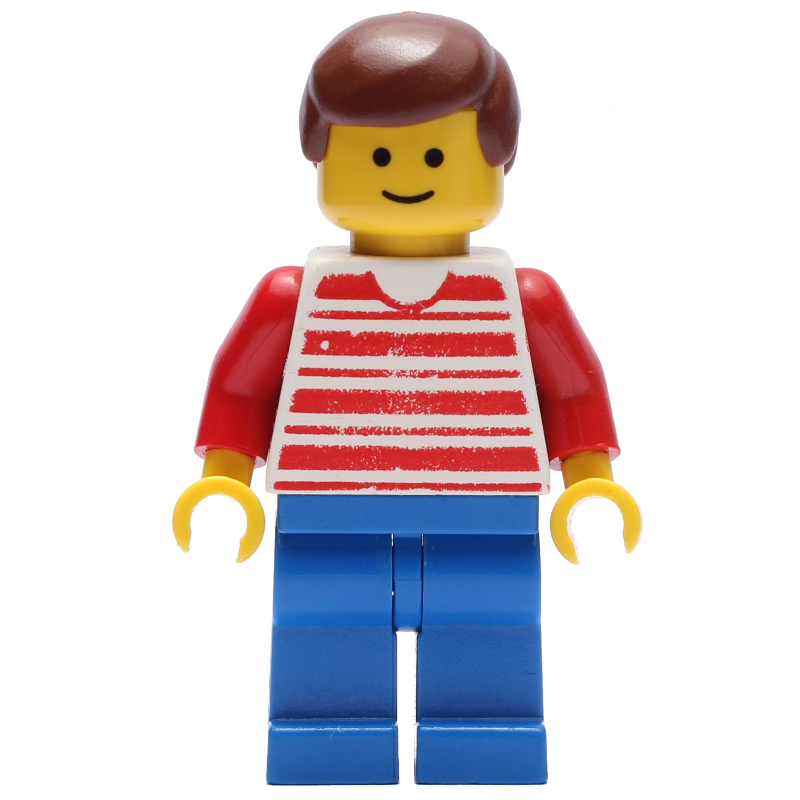 Homme, chemise rayée rouge et blanche, jambes bleues, cheveux bruns (Man, Red and White Striped Shirt, Blue Legs, Brown Hair)