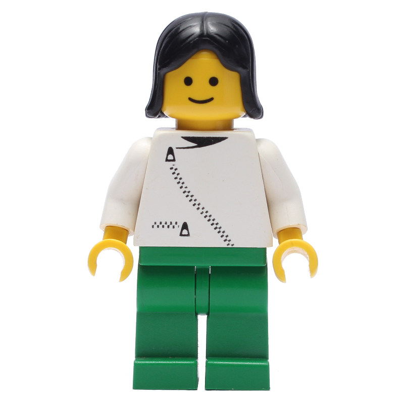 Femme, veste blanche avec fermeture éclair, jambes vertes, cheveux noirs (Woman, White Jacket with Zipper, Green Legs, Black Hair)