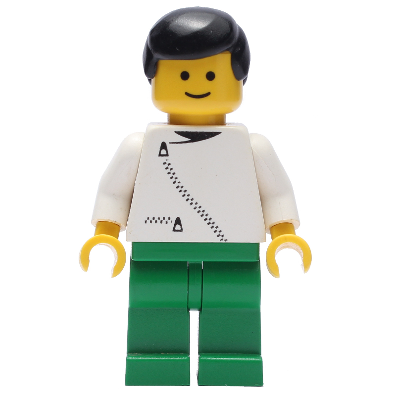Homme, veste blanche avec fermeture éclair, jambes vertes, cheveux noirs (Man, White Jacket with Zipper, Green Legs, Black Hair)