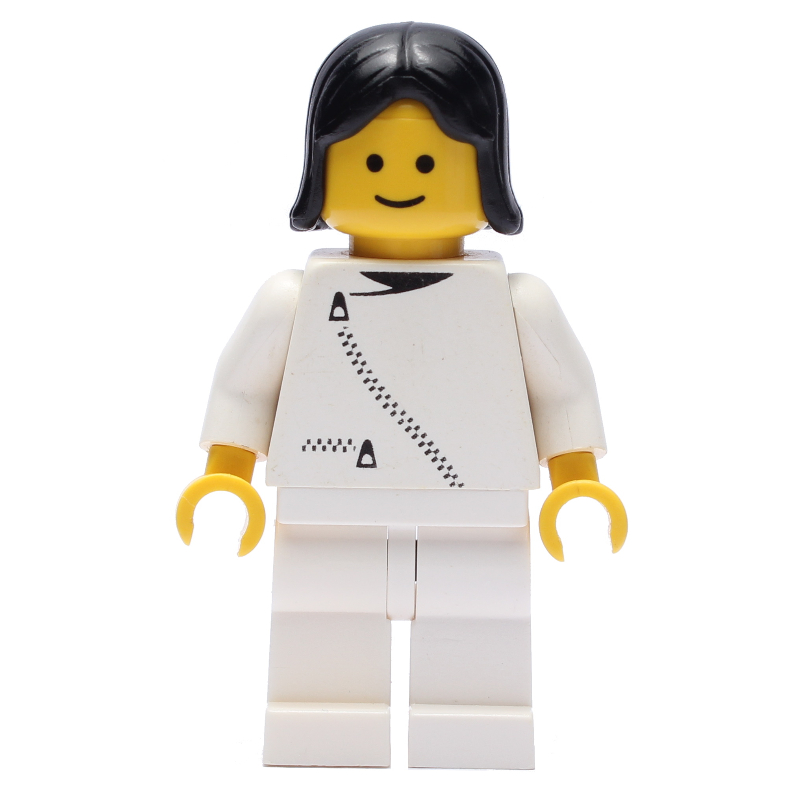 Femme, veste blanche avec fermeture à glissière, jambes blanches, cheveux noirs (Woman, White Jacket with Zipper, White Legs, Black Hair)