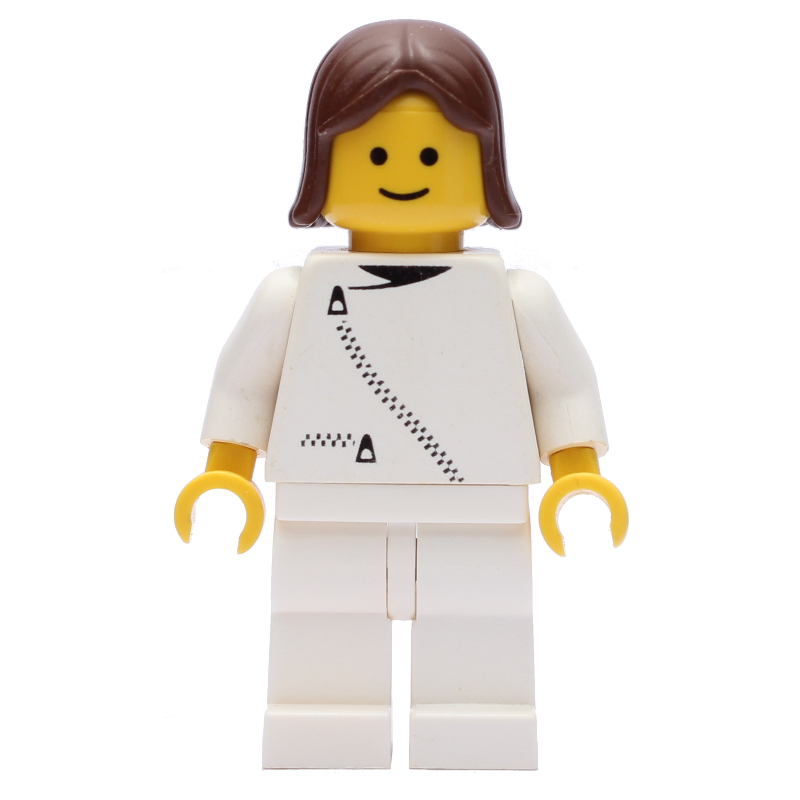 Femme, veste blanche avec fermeture à glissière, jambes blanches, cheveux bruns (Woman, White Jacket with Zipper, White Legs, Brown Hair)