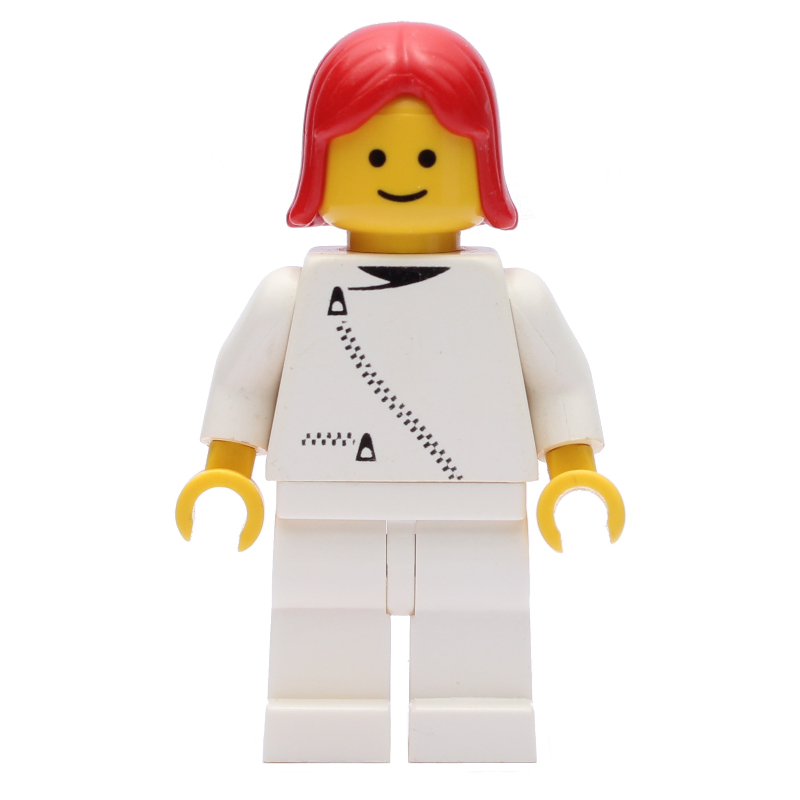 Femme, veste blanche avec fermeture à glissière, jambes blanches, cheveux rouges (Woman, White Jacket with Zipper, White Legs, Red Hair)