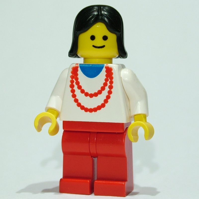 Femme, haut blanc avec collier rouge, jambes rouges, cheveux noirs (3626b tête) (Woman, White Top with Red Necklace, Red Legs, Black Hair (3626b Head))
