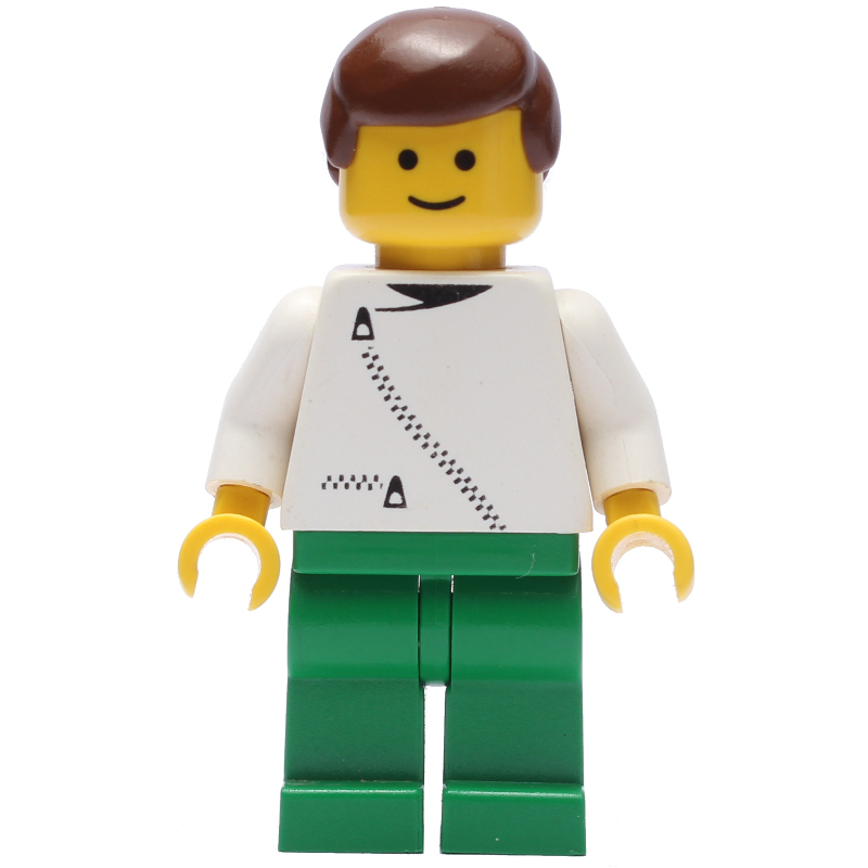 Homme, veste blanche avec fermeture à glissière, jambes vertes, cheveux bruns (Man, White Jacket with Zipper, Green Legs, Brown Hair)