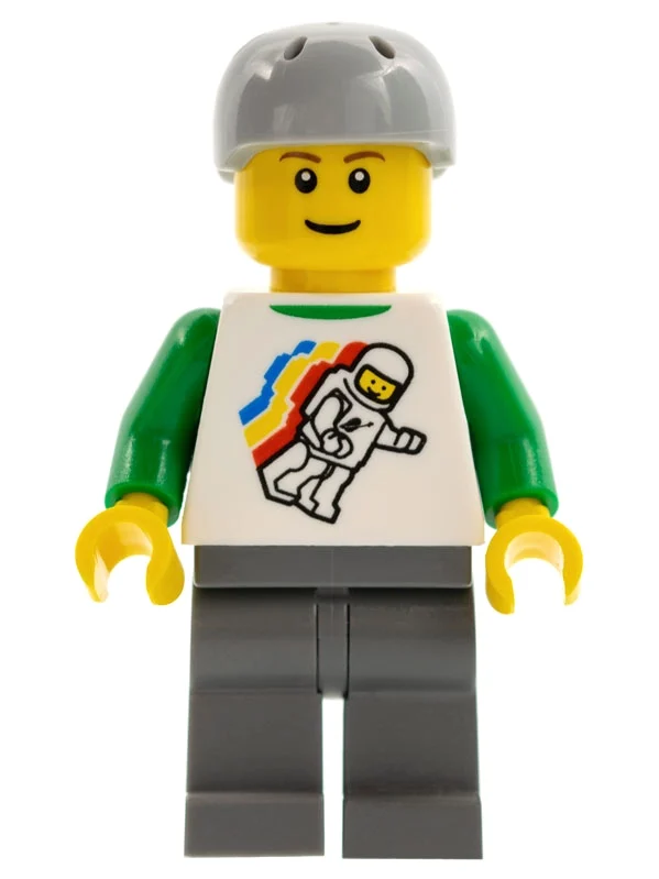 Homme, flottant classique astronaute sur chemise, jambes gris bleuté foncé, casque gris bleuté clair (Man, Floating Classic Spaceman on Shirt, Dark Bluish Gray Legs, Light Bluish Gray Helmet)