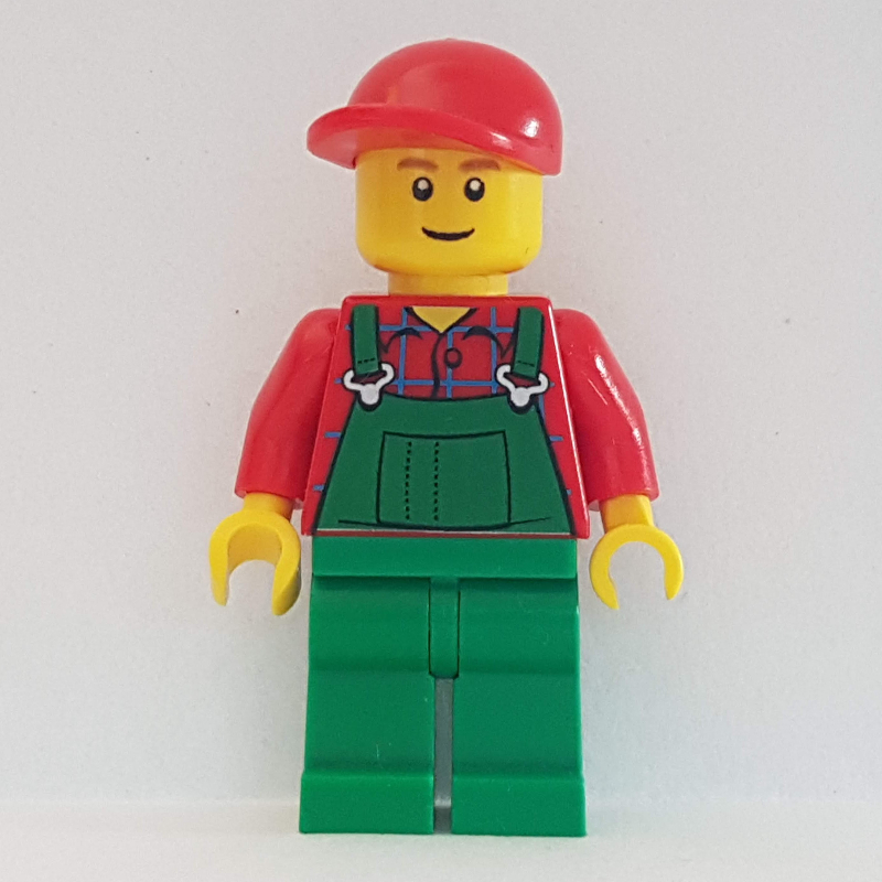 Homme, salopette verte sur chemise rouge, casquette rouge, sourcils bruns, sourcils brun rougeâtre (Man, Green Overalls over Red Shirt, Red Cap, Brown Eyebrows, Reddish Brown Eyebrows)