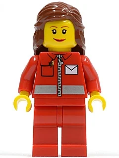 Travailleur postal, femme, veste rouge avec fermeture à glissière et logo lettre, jambes rouges, cheveux brun rougeâtre (Postal Worker, Woman, Red Jacket with Zipper and Letter Logo, Red Legs, Reddish Brown Hair)