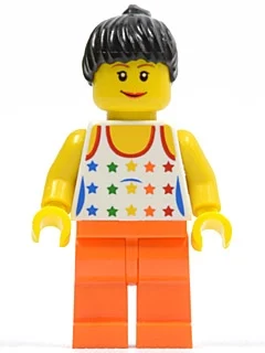 Femme, gilet blanc avec étoiles, jambes orange, cheveux noirs (Woman, White Vest with Stars, Orange Legs, Black Hair)