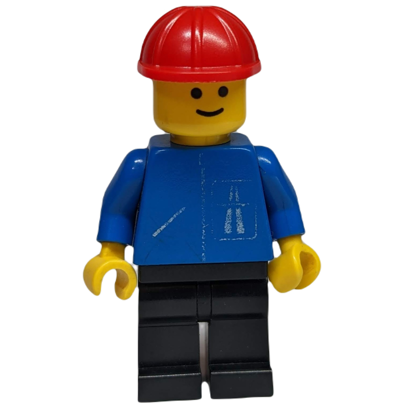 Homme, veste bleue avec logo de l'autoroute, jambes noires, casque de chantier rouge (Man, Blue Jacket with Highway Logo, Black Legs, Red Hard Hat)