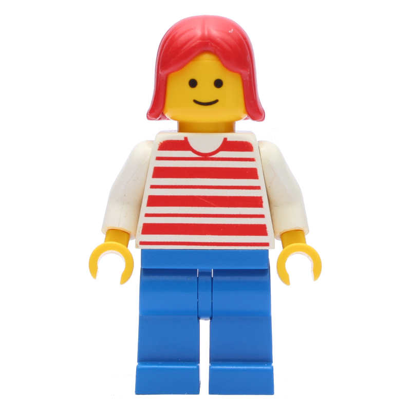 Femme, chemise rayée rouge et blanche, jambes bleues, cheveux rouges (Woman, Red and White Striped Shirt, Blue Legs, Red Hair)