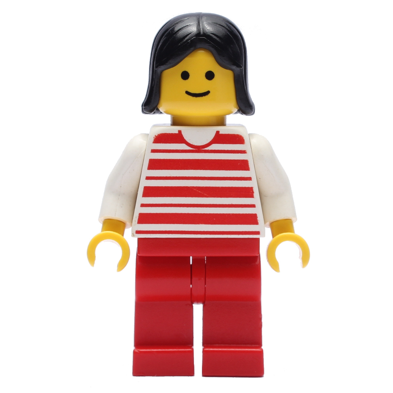 Femme, chemise rayée rouge et blanche, jambes rouges, cheveux noirs (Woman, Red and White Striped Shirt, Red Legs, Black Hair)