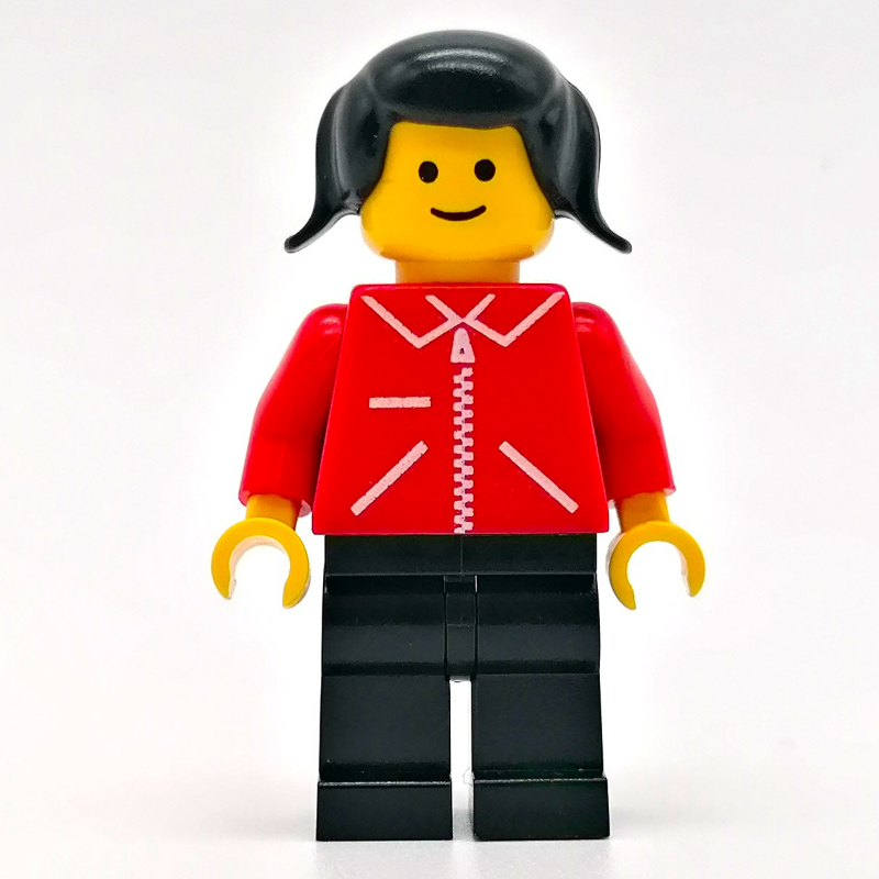 Femme, veste rouge avec fermeture éclair et poches, jambes noires, cheveux noirs (Woman, Red Jacket with Zipper and Pockets, Black Legs, Black Hair)