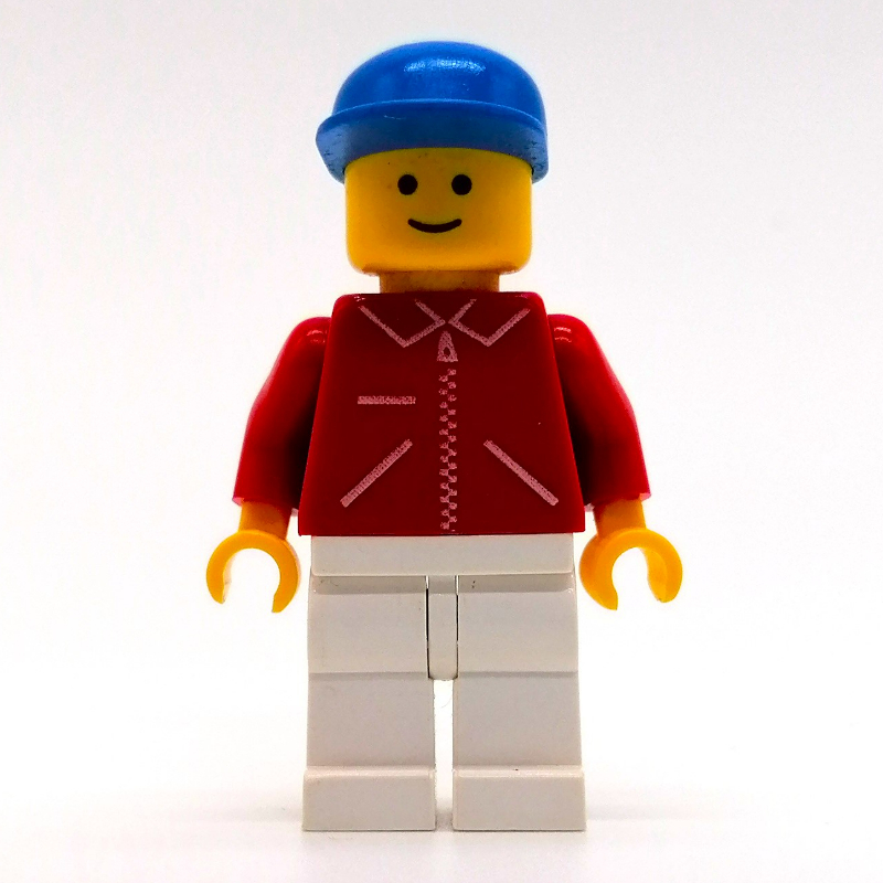 Homme, veste rouge avec fermeture éclair et poches, jambes blanches, casquette bleue (Man, Red Jacket with Zipper and Pockets, White Legs, Blue Cap)