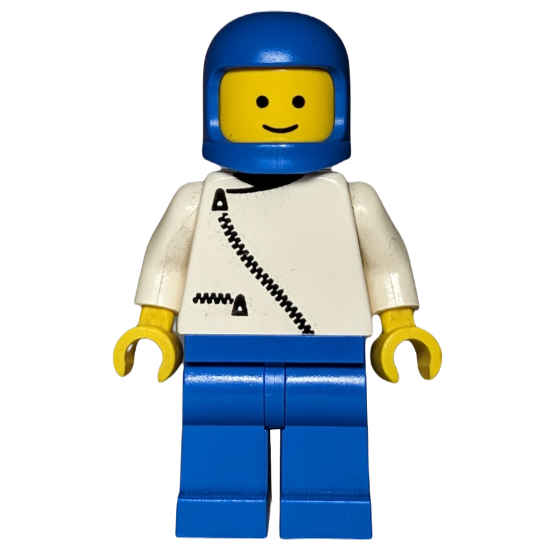 Homme, veste blanche avec fermeture à glissière, jambes bleues, casque bleu (Man, White Jacket with Zipper, Blue Legs, Blue Helmet)