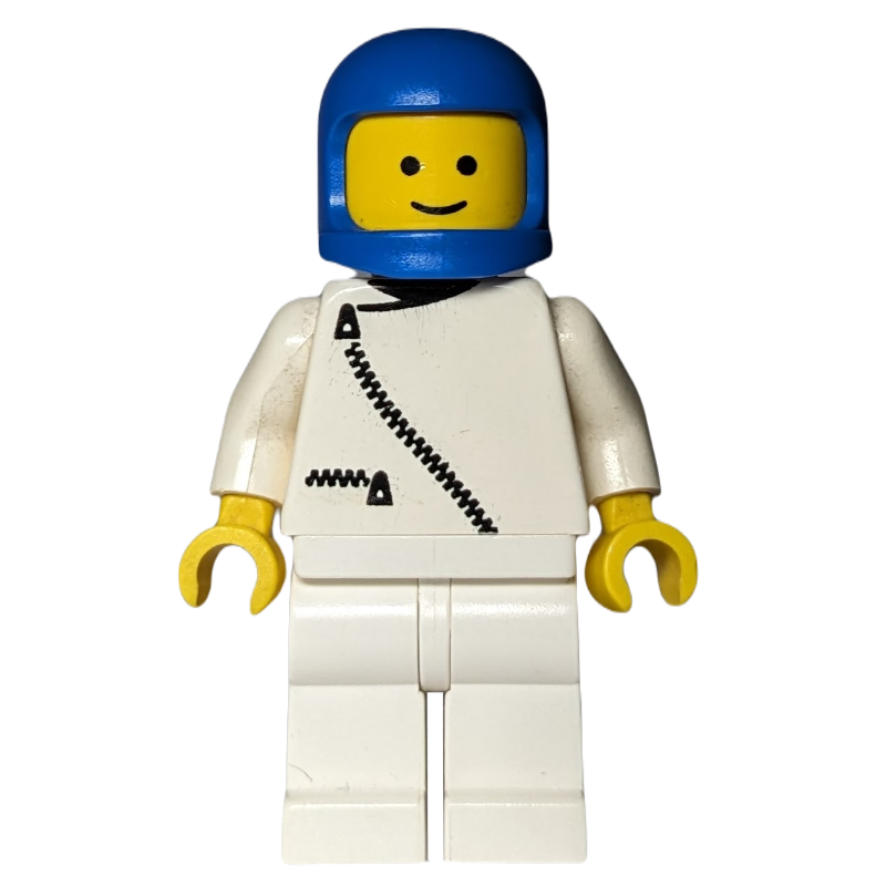 Homme, veste blanche avec fermeture éclair, jambes blanches, casque bleu (Man, White Jacket with Zipper, White Legs, Blue Helmet)
