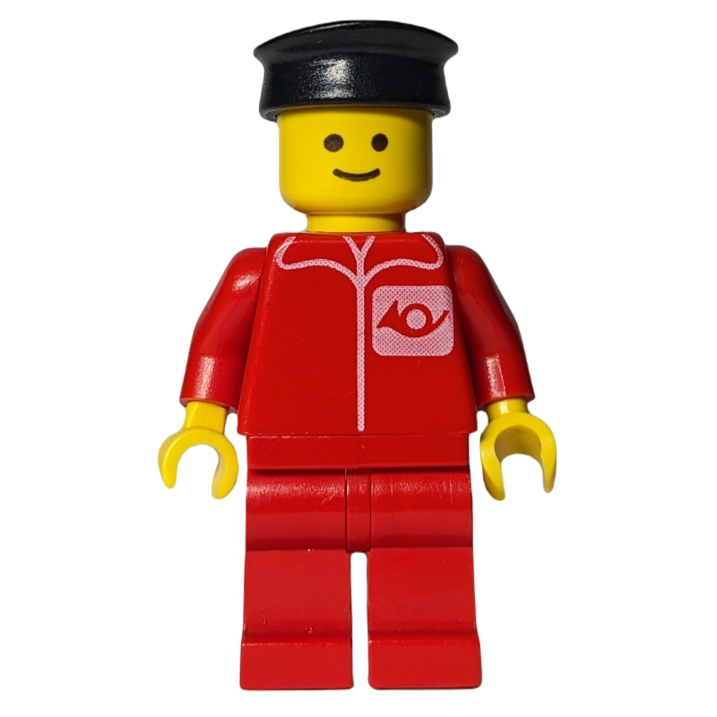 Postier, chemise rouge avec logo en corne, jambes rouges, chapeau noir (Postal Worker, Red Shirt with Horn Logo, Red Legs, Black Hat)