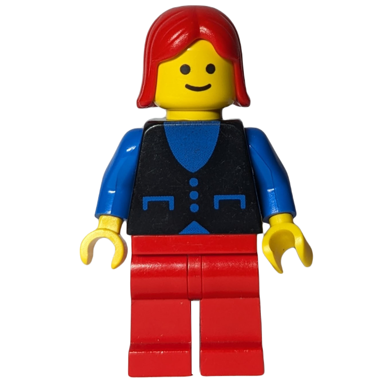 Femme, gilet noir sur haut bleu, jambes rouges, cheveux rouges (Woman, Black Vest over Blue Top, Red Legs, Red Hair)