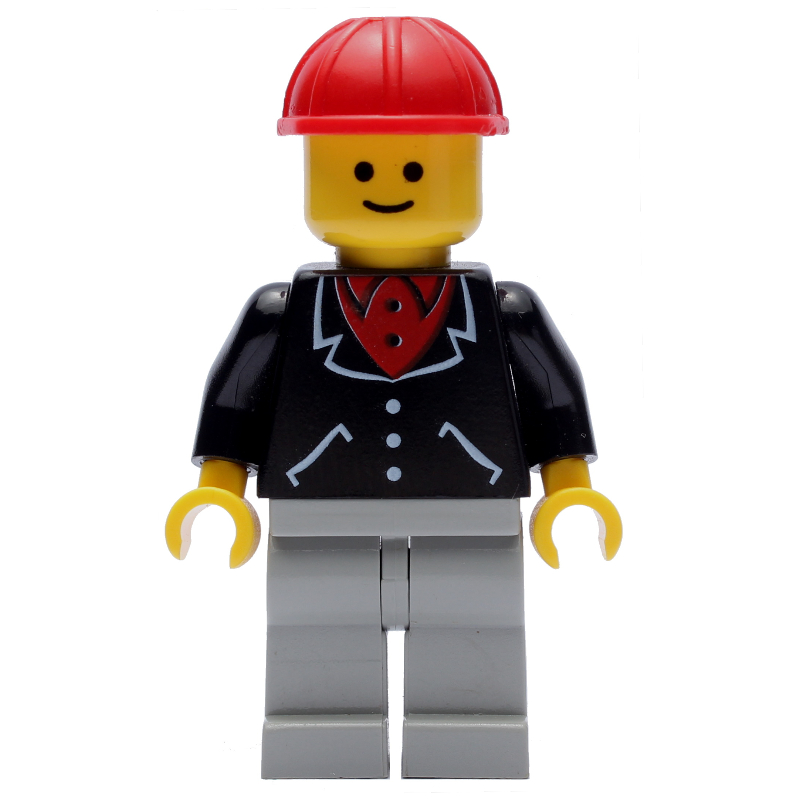 Homme, veste noire sur chemise rouge, jambes gris clair, casque de chantier rouge (Man, Black Jacket over Red Shirt, Light Gray Legs, Red Hard Hat)