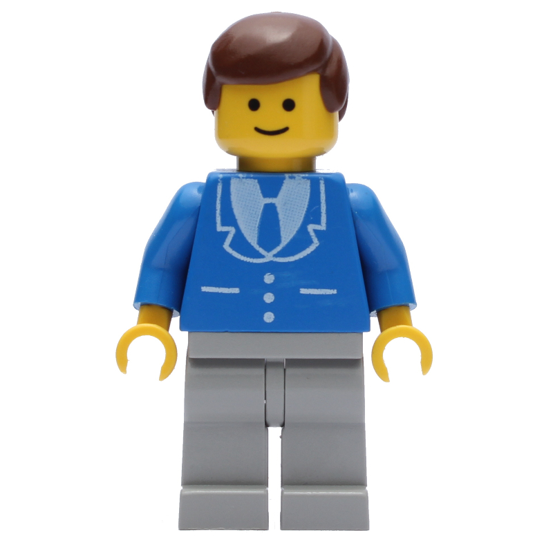 Homme, veste bleue avec cravate et trois boutons, jambes gris clair, cheveux bruns (Man, Blue Jacket with Tie and Three Buttons, Light Gray Legs, Brown Hair)