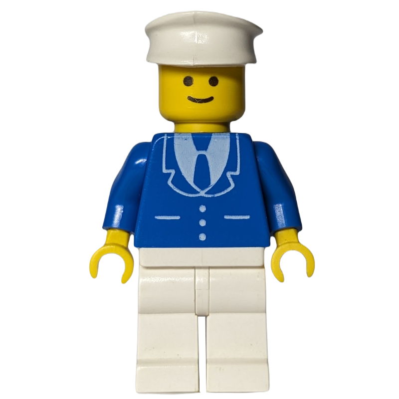 Homme, veste bleue avec cravate et trois boutons, jambes blanches, chapeau blanc (Man, Blue Jacket with Tie and Three Buttons, White Legs, White Hat)