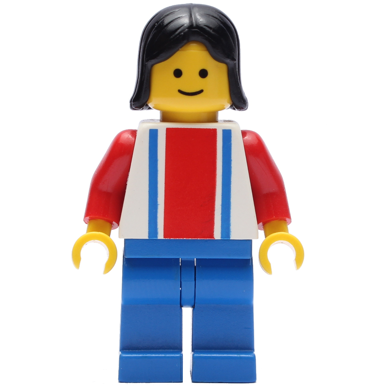 Femme, haut blanc avec grande bande rouge et 2 rayures bleues, jambes bleues, cheveux noirs (Woman, White Top with Large Red Stripe and 2 Blue Stripes, Blue Legs, Black Hair)