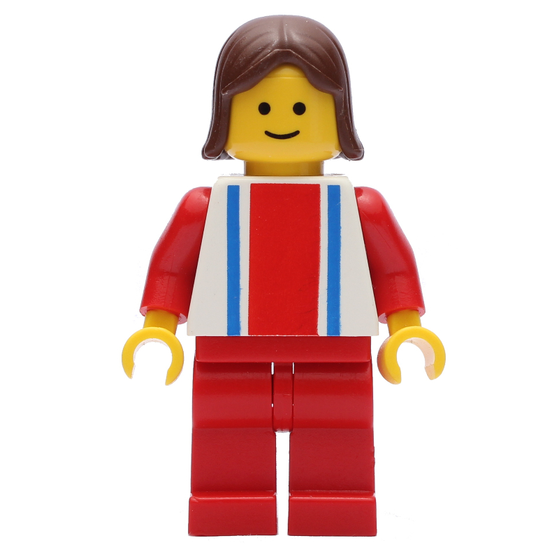 Femme, haut blanc avec grande bande rouge et 2 rayures bleues, jambes rouges, cheveux bruns (Woman, White Top with Large Red Stripe and 2 Blue Stripes, Red Legs, Brown Hair)