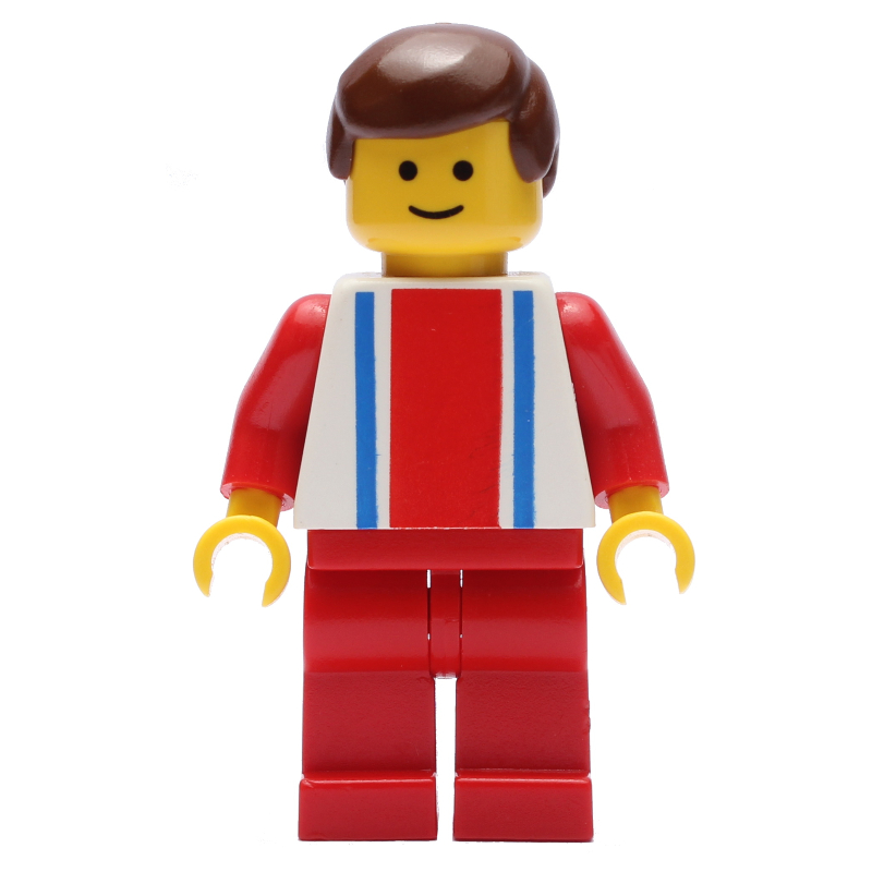 Homme, haut blanc avec grande bande rouge et 2 rayures bleues, jambes rouges, cheveux bruns (3626a tête) (Man, White Top with Large Red Stripe and 2 Blue Stripes, Red Legs, Brown Hair (3626a Head))