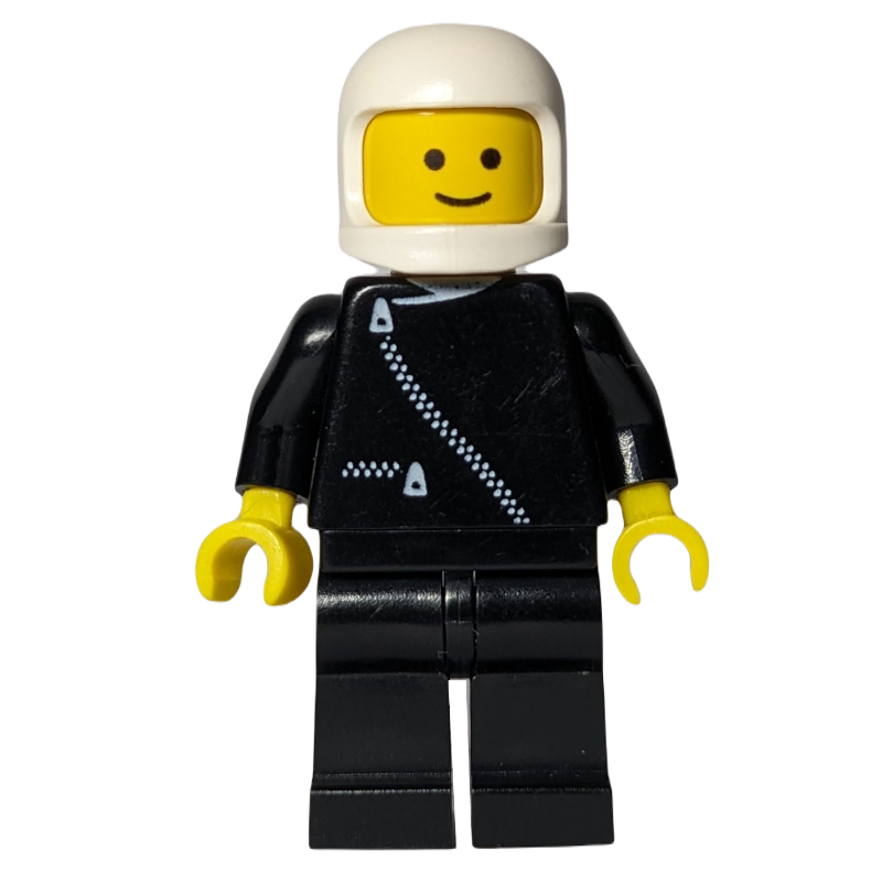 Homme, veste noire avec fermeture éclair, casque blanc (Man, Black Jacket with Zipper, White Helmet)