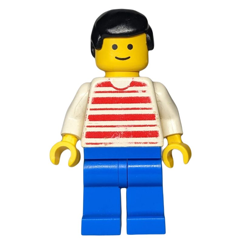 Homme, chemise rayée rouge et blanche, jambes bleues, cheveux noirs (Man, Red and White Striped Shirt, Blue Legs, Black Hair)