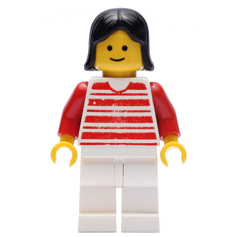 Femme, chemise rayée rouge et blanche, jambes blanches, cheveux noirs (3626a tête) (Woman, Red and White Striped Shirt, White Legs, Black Hair (3626a Head))