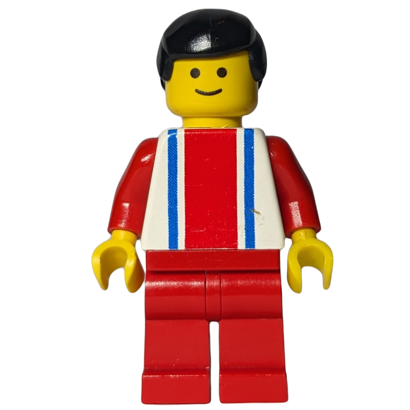 Homme, haut blanc avec grande bande rouge et 2 rayures bleues, jambes rouges, cheveux noirs (Man, White Top with Large Red Stripe and 2 Blue Stripes, Red Legs, Black Hair)