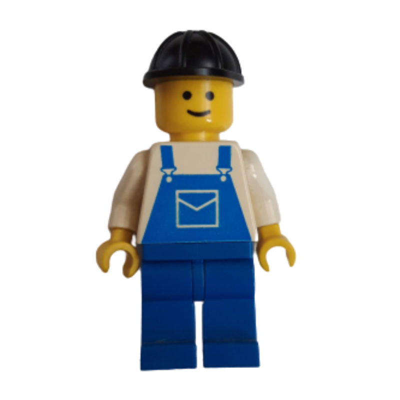 Homme, salopette bleue, casque de chantier noir (Man, Blue Overalls, Black Hard Hat)