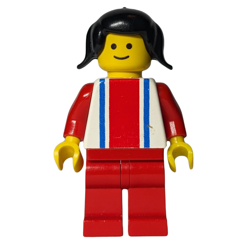 Femme, haut blanc avec grande bande rouge et 2 rayures bleues, jambes rouges, cheveux de queues de cochon noires (Woman, White Top with Large Red Stripe and 2 Blue Stripes, Red Legs, Black Pigtails Hair)