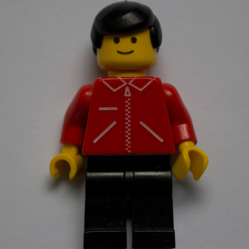 Homme, veste rouge avec fermeture éclair et poches, jambes noires, cheveux noirs (Man, Red Jacket with Zipper and Pockets, Black Legs, Black Hair)