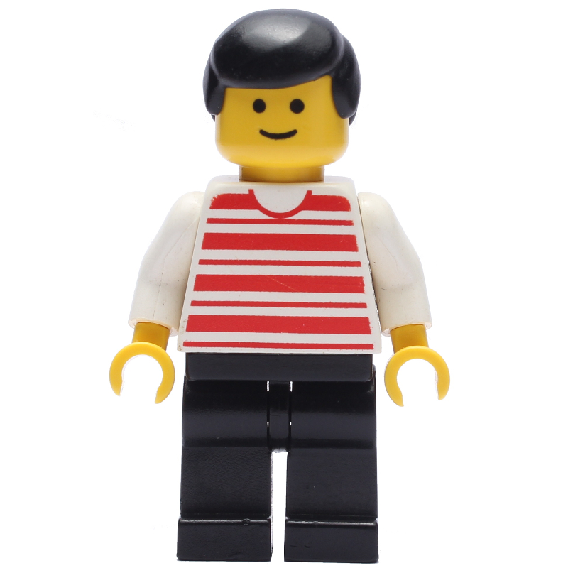 Homme, chemise rayée rouge et blanche, jambes noires, cheveux noirs (Man, Red and White Striped Shirt, Black Legs, Black Hair)