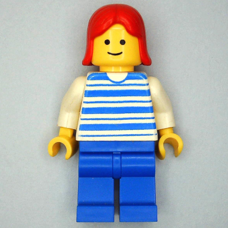 Femme, chemise à rayures bleues et blanches, jambes bleues, cheveux roux (Woman, Blue and White Stripe Shirt, Blue Legs, Red Hair)