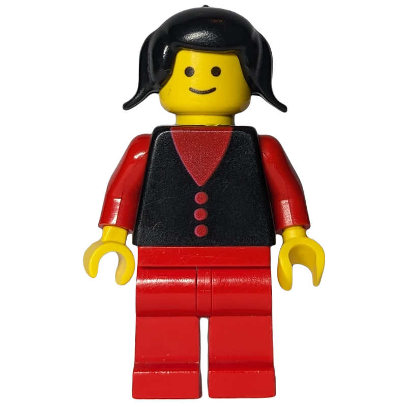 Femme, gilet noir sur haut rouge, jambes rouges, cheveux noirs (Woman, Black Vest over Red Top, Red Legs, Black Hair)
